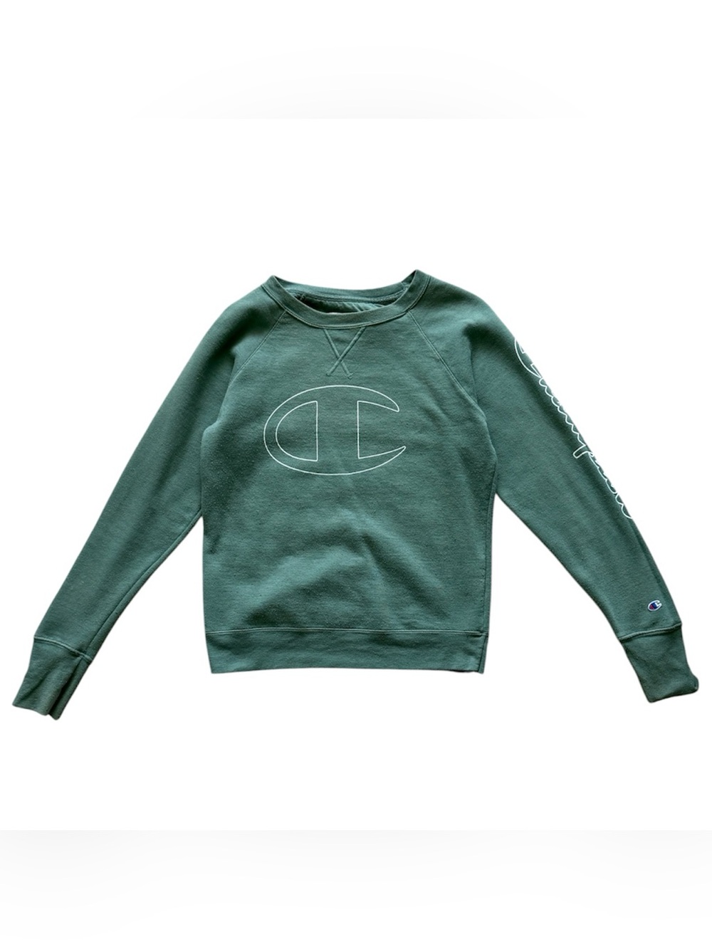 Champion Crewneck Sweatshirt USA XS Sage Green Big Logo Sleeve Spellout Graphic⁠